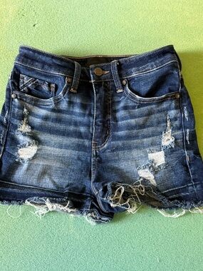 Buckle Black Blue Distressed Denim Jean Shorts Size 26